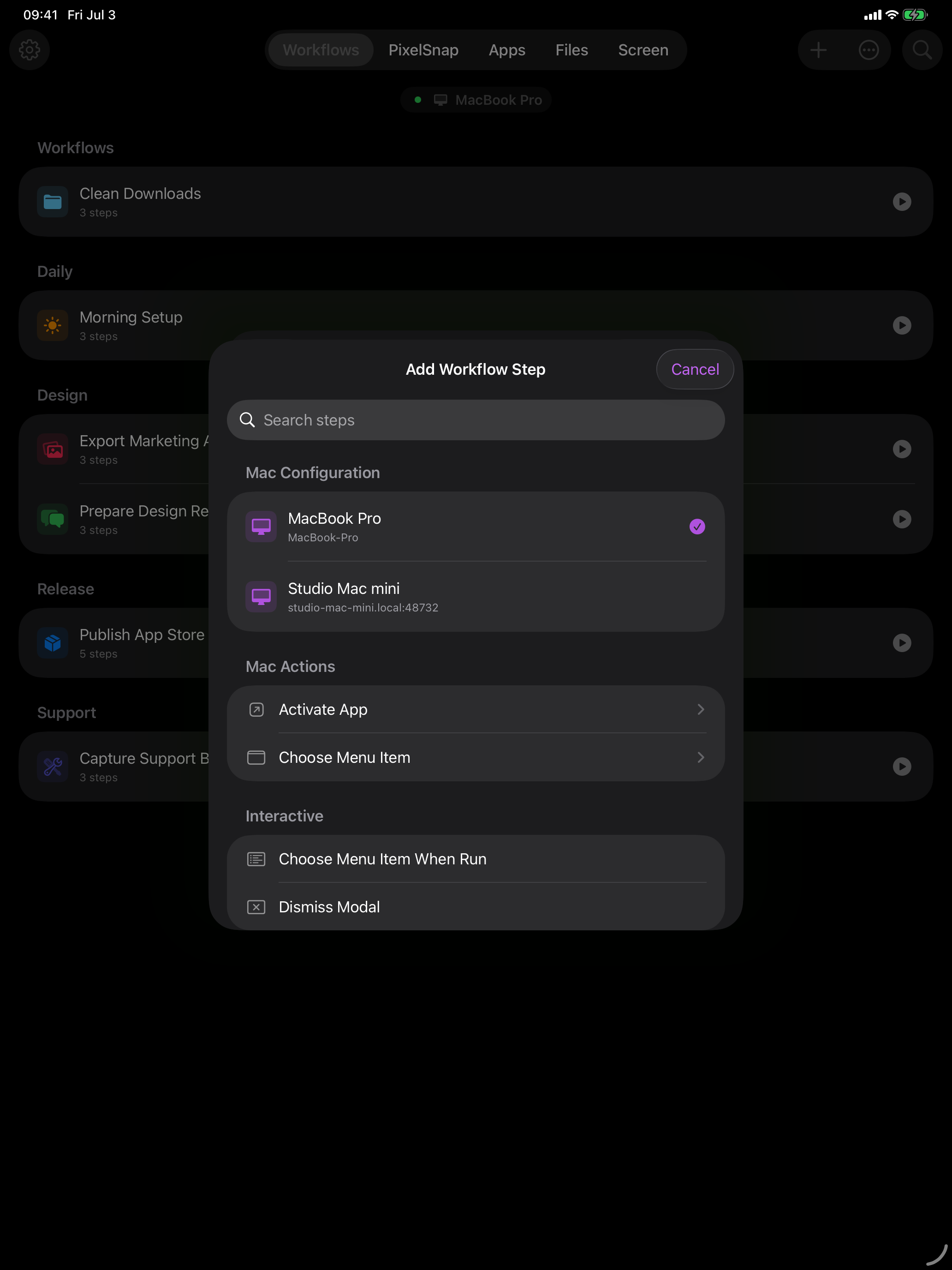 Cuevello add workflow steps screen on iPad