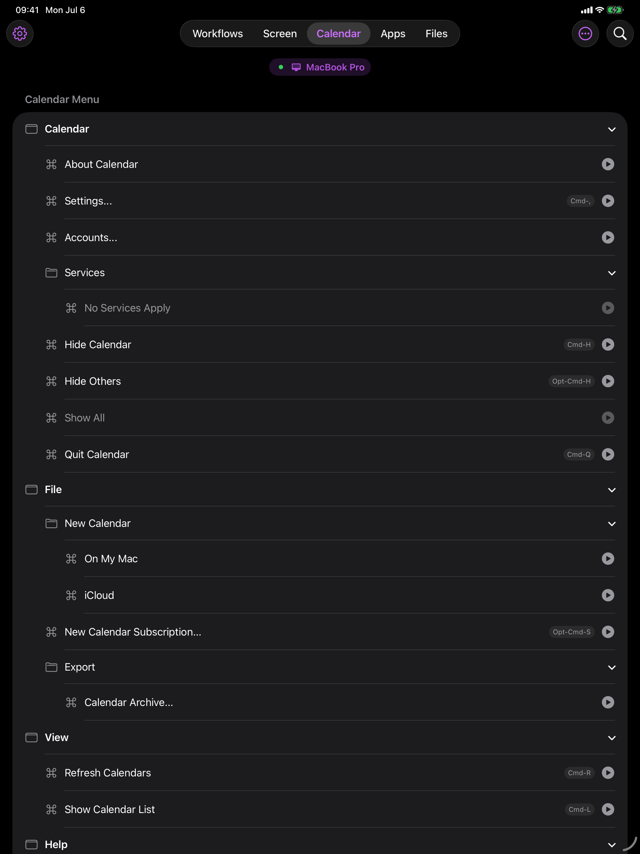Cuevello current Mac app menu screen on iPad