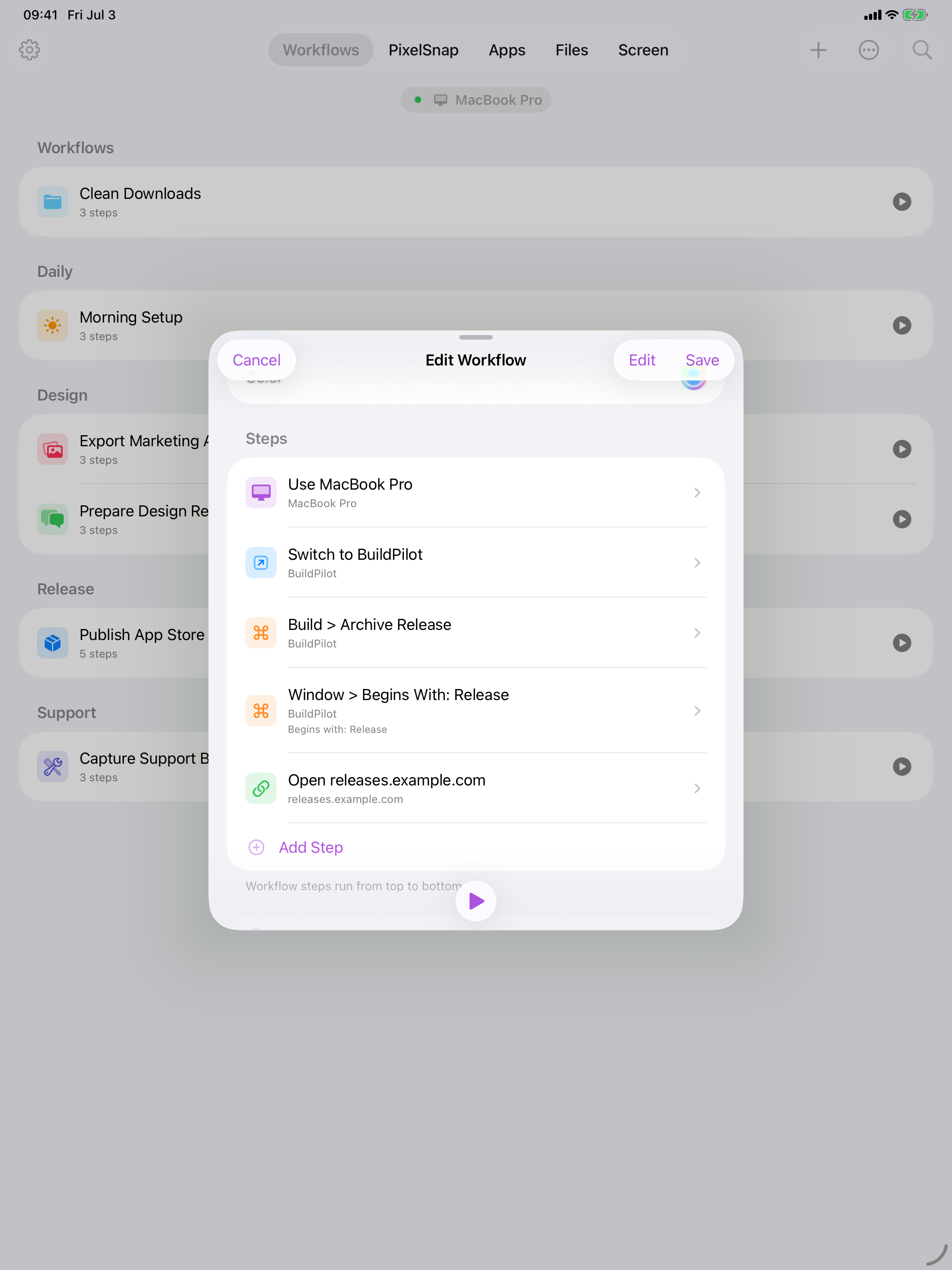 Cuevello workflow editor screen on iPad
