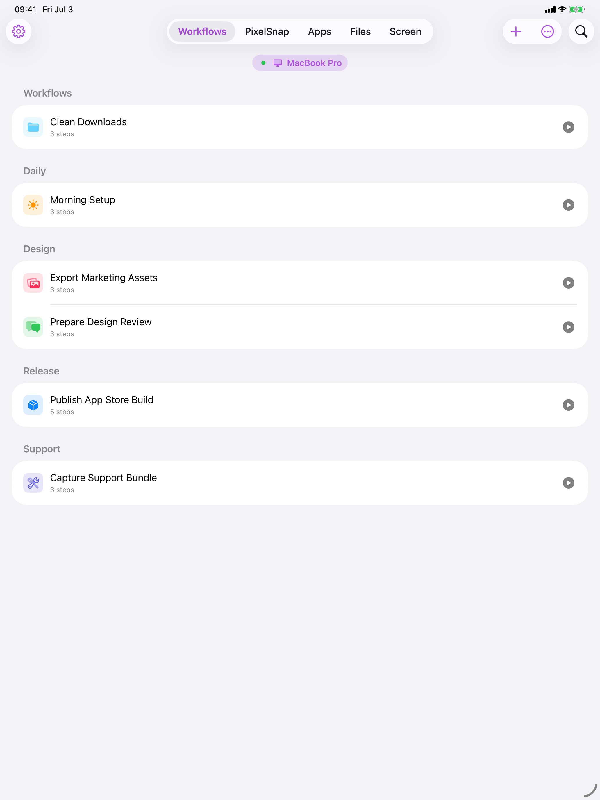 Cuevello workflows screen on iPad