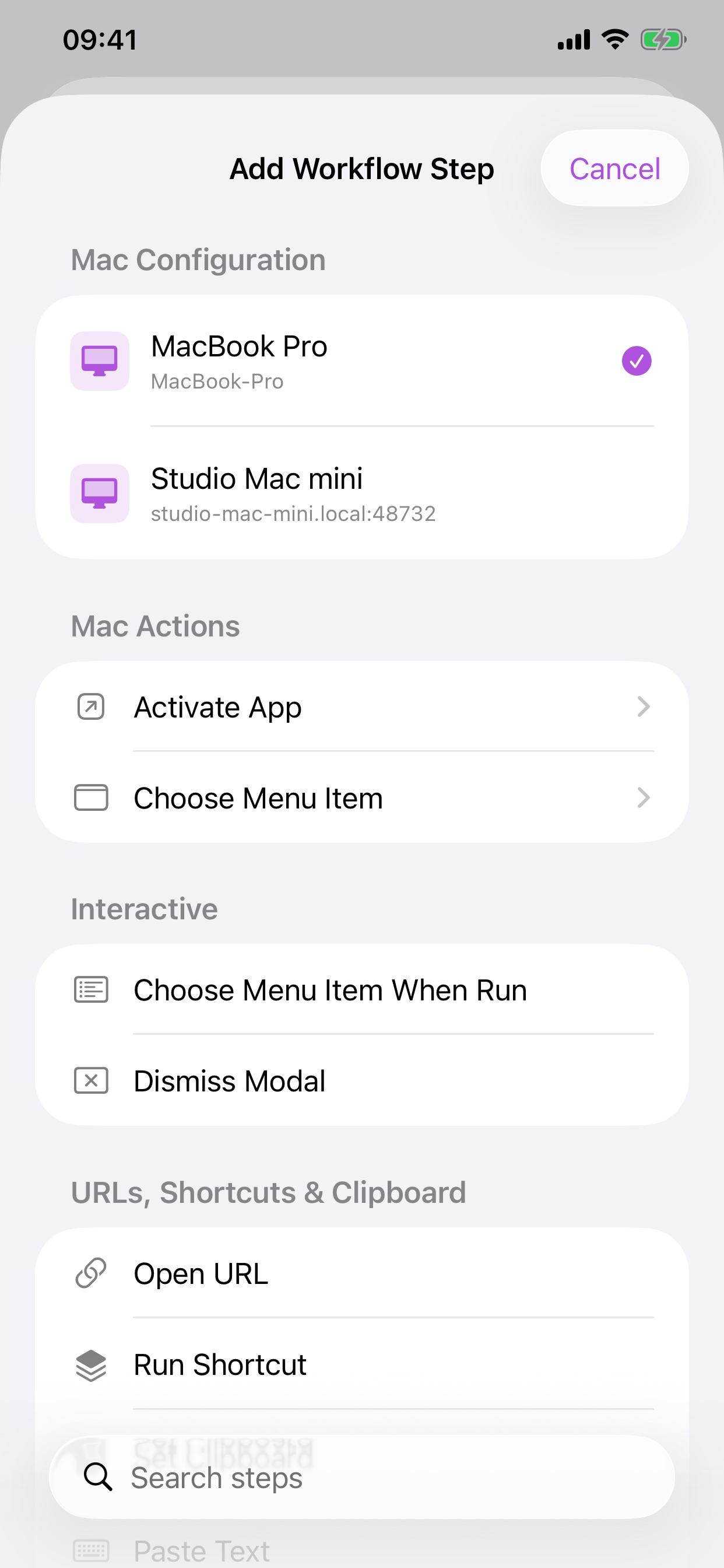 Cuevello add workflow steps screen on iPhone