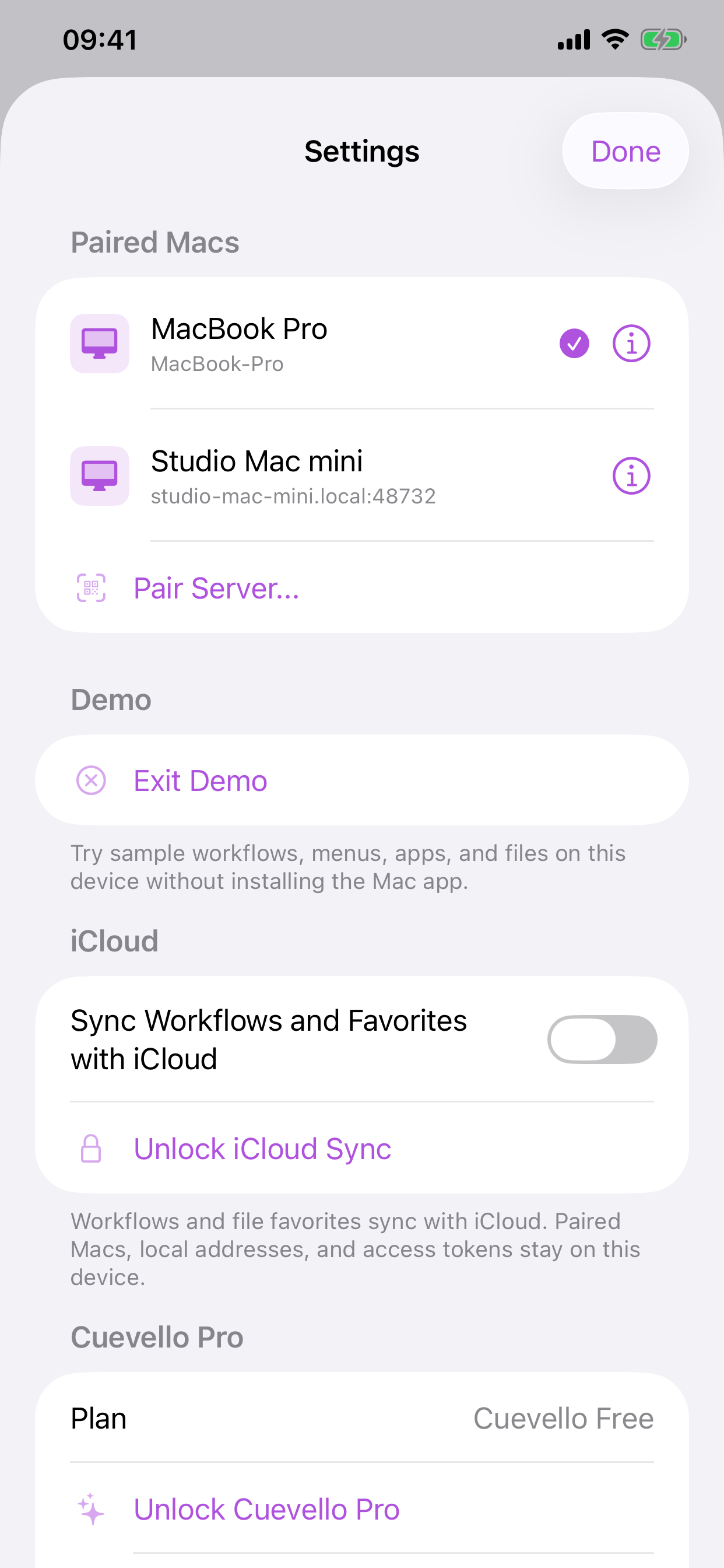 Cuevello pairing settings screen on iPhone