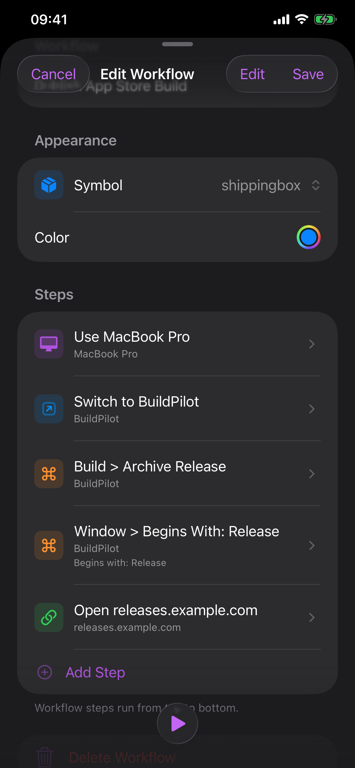 Cuevello workflow editor screen on iPhone