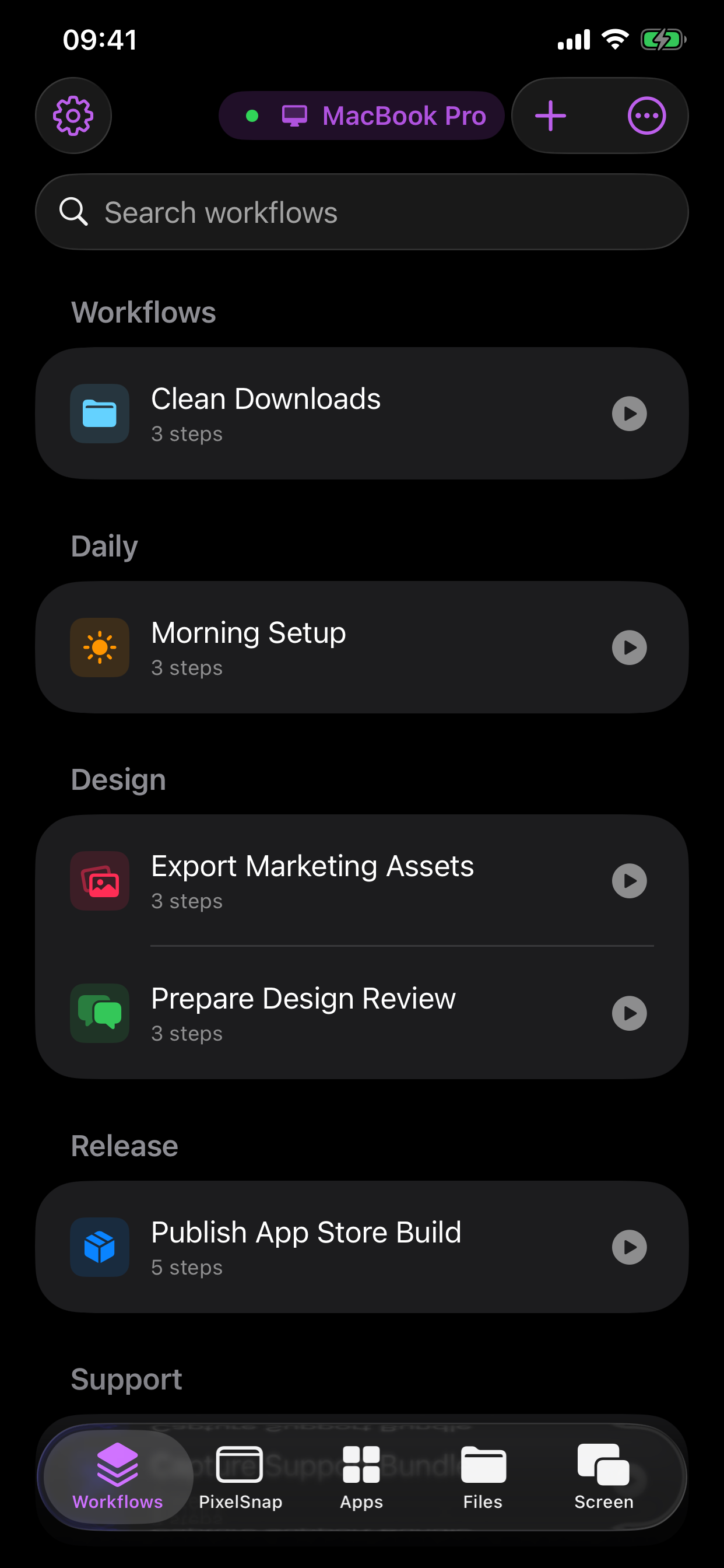 Cuevello workflows screen on iPhone